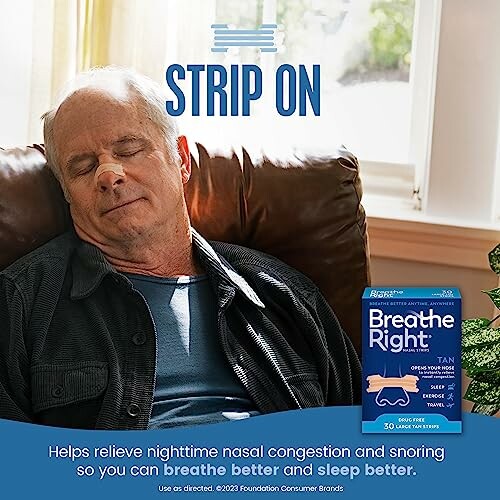 Man sleeping with Breathe Right nasal strip advertisement.