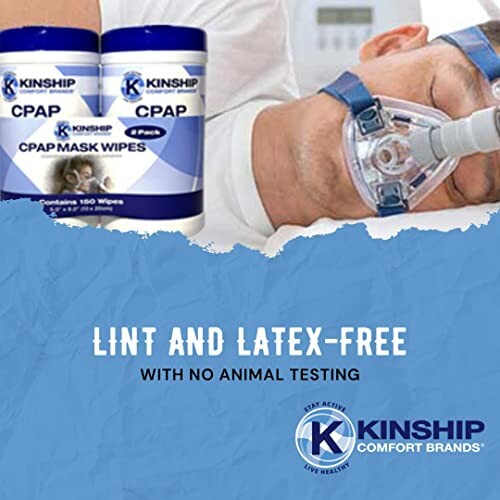 CPAP mask wipes and CPAP machine user with Kinship branding.