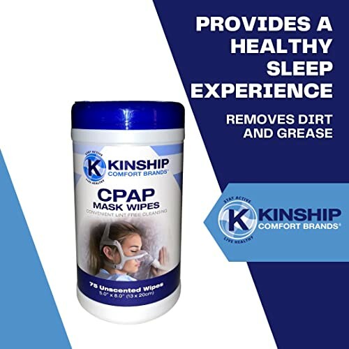 Kinship CPAP mask wipes container promoting a healthy sleep experience.