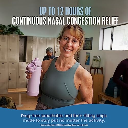 Woman smiling with water bottle promoting nasal congestion relief.